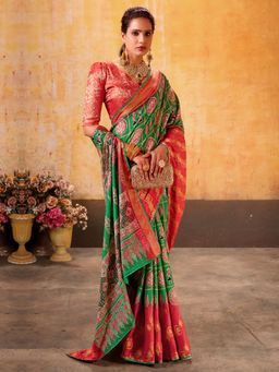 Akhilam - Women's Cotton Blend Green Woven Design Designer Saree with Unstitched Blouse