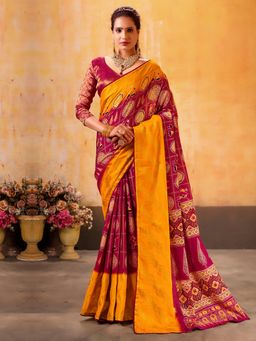 Akhilam - Women's Cotton Blend Maroon Woven Design Designer Saree with Unstitched Blouse