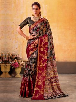 Akhilam - Women's Cotton Blend Black Woven Design Designer Saree with Unstitched Blouse