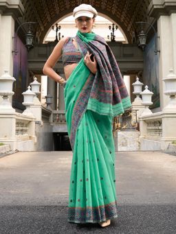Akhilam - Women's Cotton Linen Turquoise Woven Design Designer Saree with Unstitched Blouse