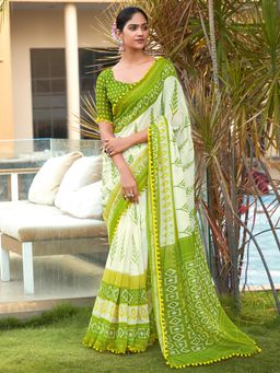 Sareemall - Women's Cotton Light Green Printed Designer Saree with Unstitched Blouse