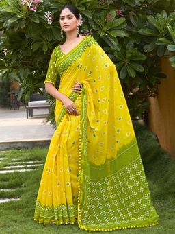 Sareemall - Women's Cotton Yellow Printed Designer Saree with Unstitched Blouse