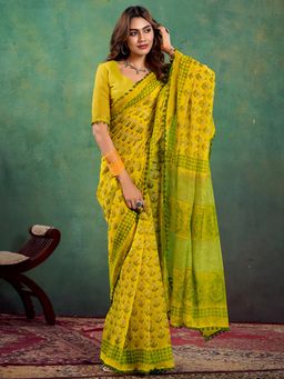 Sareemall - Women's Cotton Yellow Printed Designer Saree with Unstitched Blouse