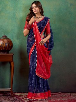 Sareemall - Women's Cotton Navy Blue Printed Designer Saree with Unstitched Blouse