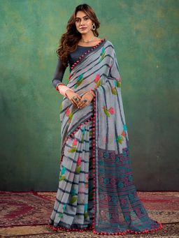 Sareemall - Women's Cotton Grey Printed Designer Saree with Unstitched Blouse