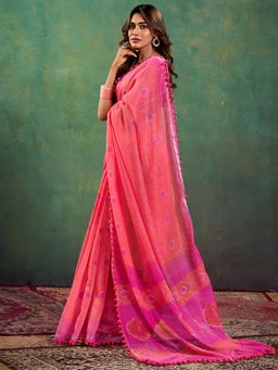 Akhilam - Women's Cotton Pink Printed Designer Saree with Unstitched Blouse