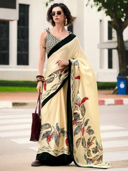 Akhilam - Women's Crepe Cream Printed Designer Saree with Unstitched Blouse