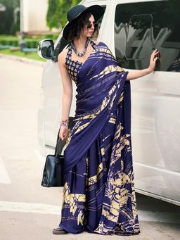 Akhilam - Women's Crepe Navy Blue Printed Designer Saree with Unstitched Blouse
