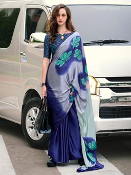 Akhilam - Women's Crepe Navy Blue Printed Designer Saree with Unstitched Blouse