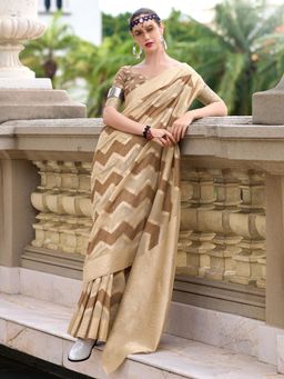 Akhilam - Women's Cotton Blend Beige Woven Design Designer Saree with Unstitched Blouse