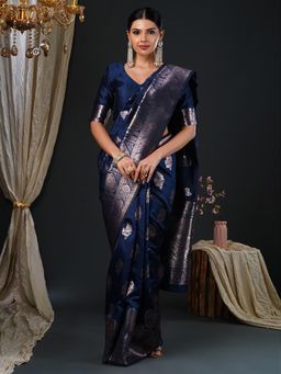 Akhilam - Women's Silk Blend Navy Blue Woven Design Designer Saree with Unstitched Blouse