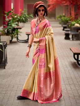 Akhilam - Women's Silk Blend Cream Woven Design Designer Saree with Unstitched Blouse