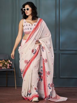 Akhilam - Women's Cotton Blend Cream Woven Design Designer Saree with Unstitched Blouse