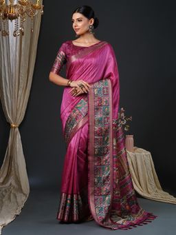 Akhilam - Women's Mysore Silk Pink Printed Designer Saree with Unstitched Blouse