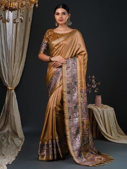 Akhilam - Women's Mysore Silk Camel Brown Printed Designer Saree with Unstitched Blouse