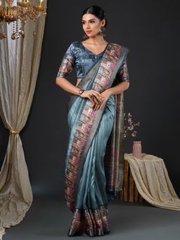 Akhilam - Women's Mysore Silk Grey Printed Designer Saree with Unstitched Blouse