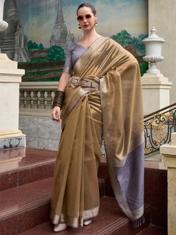 Akhilam - Women's Tissue Beige Woven Design Designer Saree with Unstitched Blouse