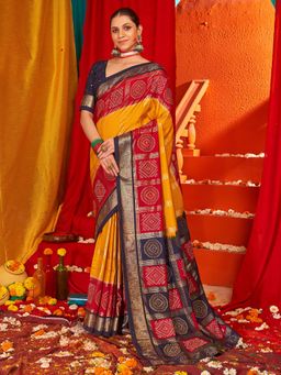 Sareemall - Women's Tussar Silk Yellow Woven Design Designer Saree with Unstitched Blouse