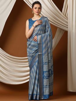 Akhilam - Women's Dola Silk Teal Blue Printed Designer Saree with Unstitched Blouse