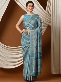 Akhilam - Women's Dola Silk Blue Printed Designer Saree with Unstitched Blouse