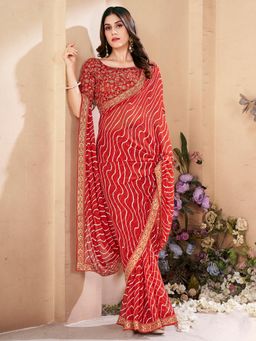 Sareemall - Women's Pure Georgette Red Printed Designer Saree with Unstitched Blouse