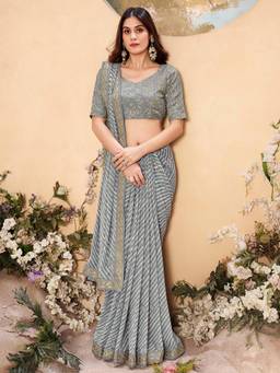 Sareemall - Women's Pure Georgette Grey Printed Designer Saree with Unstitched Blouse