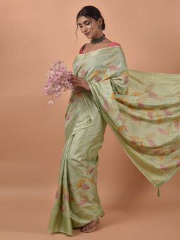 Odette - Green Satin Embroidered Saree with Unstitched Blouse