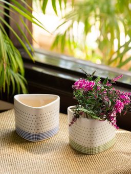 ExclusiveLane - Pastel Polka Hand-Painted Table Planter Pots In Ceramic (Set Of 2)