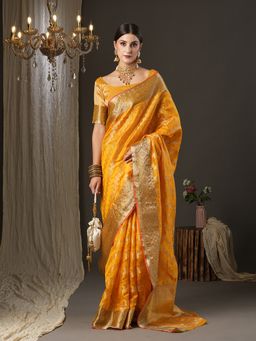 Akhilam - Womens Silk Blend Yellow Woven Design Designer Saree with Unstitched Blouse