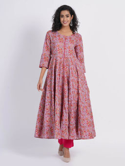 Suti - Women Mul Cotton Printed Flared Kalidar Long Dress Pink