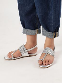 Aria Nica - Girls Midas Silver Flat Kolhapuri Back Strap Flat Sandal