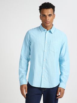 Lee - Mens Striped Sky Blue Casual Wear Shirt (Regular)