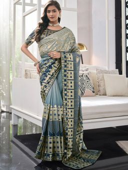 Odette - Teal Crepe Sequins Embroidery and Digital Print Saree with Unstitched Blouse