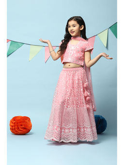 Biba - Girls Pink Embroidered Poly Chanderi Lehenga (Set of 3)
