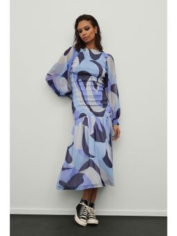 NA-KD - Smocked Balloon Sleeve Dress-blue/print