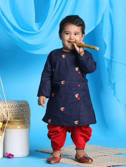 Vastramay - Infant Boys Green & Red Cotton Blend Kurta & Dhoti (Set of 2)