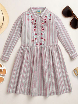 ZIP ZAP ZOOP - Grey Embroidered Fit And Flare Casual Striped Dress