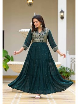 Juniper - Green Floral Printed Georgette Dress with Sequins