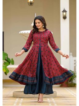 Juniper - Red Ethnic Motif Printed Cotton Maxi Dress with Button