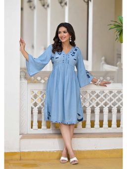 Juniper - Blue Thread Embroidered Cotton Denim Dress