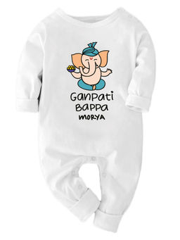 Zeezeezoo - Ganesh Chaturthi Theme Ganpati Bappa Morya Printed Bodysuit - White