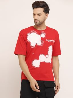 EVERDION - Red Oversized Drop Shoulder Paint Splashed T-shirt