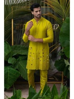 Runit Gupta - Green Scene Monstera Embroidered Kurta With Pyjama (Set of 2)