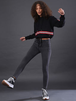 Campus Sutra - Black Women Striped Stylish Casual Crop Sweatshirts