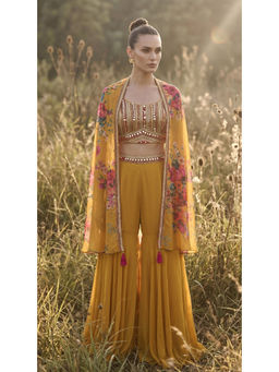 Basanti Kapde aur Koffee - Yellow Georgette Bustier with Sharara and Cape