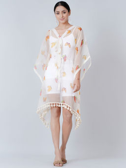 First Resort by Ramola Bachchan - White Butterfly Mid Length Kaftan