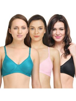 Bodycare - Seamless Cup Bra In Sea Green-Black-Pink Color - Pack Of 3