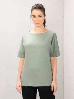 Amante - Women Boat Neck Relaxed Fit Solid Elements Long Length T-shirt-Green