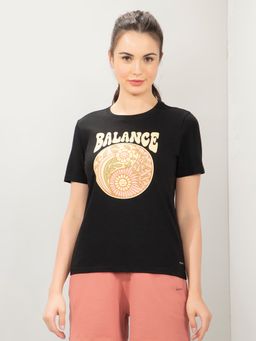 Amante - Women Crew Neck Relaxed Fit Essential Printed T-shirt-Black