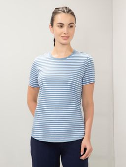 Amante - Women Crew Neck Relaxed Fit Essential Stripe T-shirt-Blue